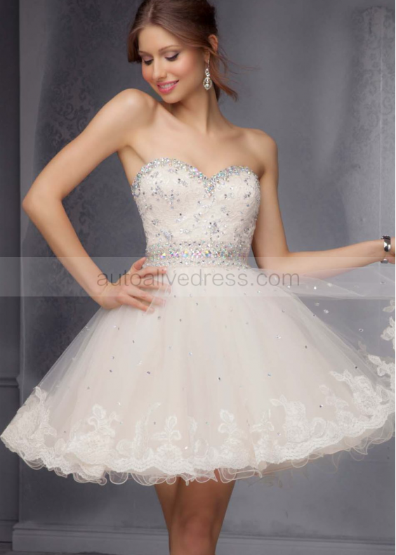 Lace Tulle Beaded Sweetheart Neckline Knee Length Prom Dress 